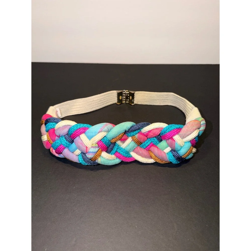 Talbots Vintage 80's Braided Elastic Waist Belt Multicolor Woven Retro Boho Sz S
